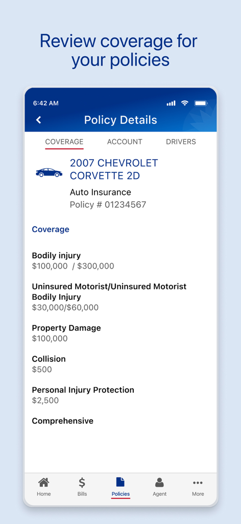 Farmers Insurance Mobile app interface showing detailed auto policy coverage and limits