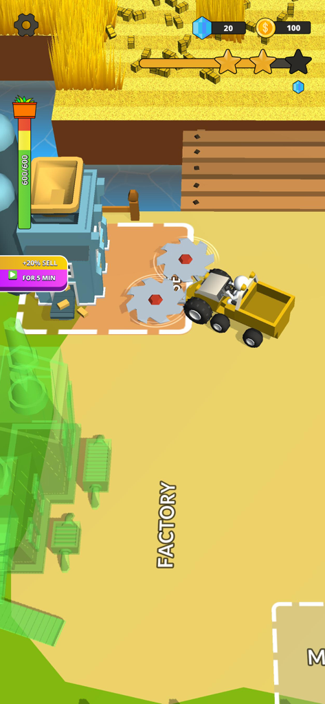 Stone Grass: Lawn Mower Game - A yellow lawn mower machine unloading collected grass at a factory in Stone Grass.