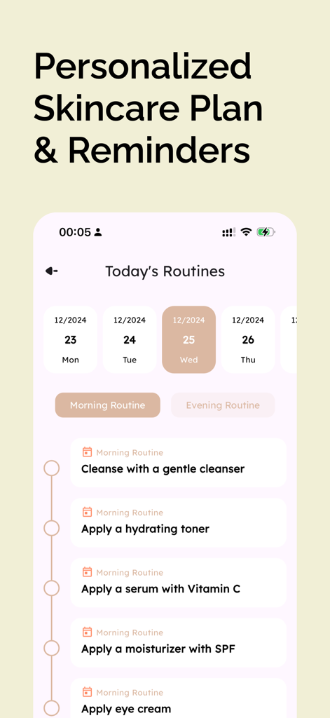 Glow AI:Face Care Routine - Interfaz de la aplicación Glow AI que muestra una lista de verificación de rutina de cuidado de la piel personalizada para la mañana con pasos para la limpieza, tonificación y aplicación de suero.