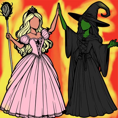 detailed realistic split of a princess and a witch