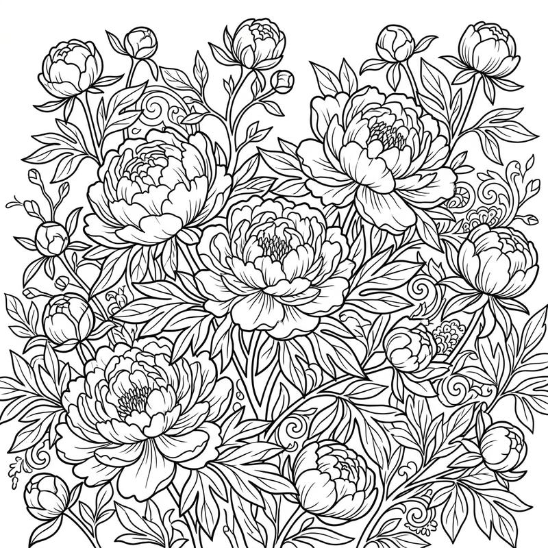 Discover the lush beauty of our Yellow Peonies Full Scene coloring page, an intricate design that invites you into a world of floral wonder. This detailed illustration provides an immersive canvas for your creativity, perfect for finding tranquility through art.