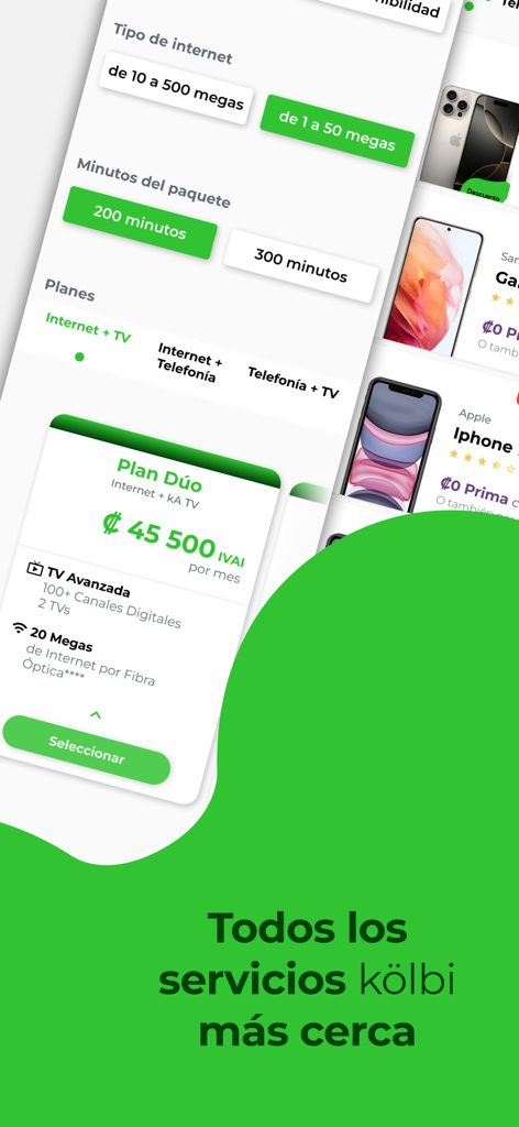 mi kölbi - Interfaz de la aplicación mi kölbi mostrando planes de servicio de internet y TV, y ofertas de teléfonos móviles