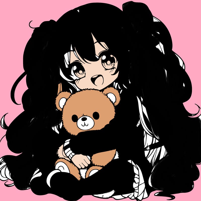 manga girl, long curly hair, happy, cuddling a teddy bear