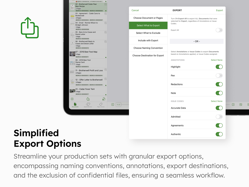 DocReviewPad - Review Docs - DocReviewPad app interface showing granular export options and settings for legal documents