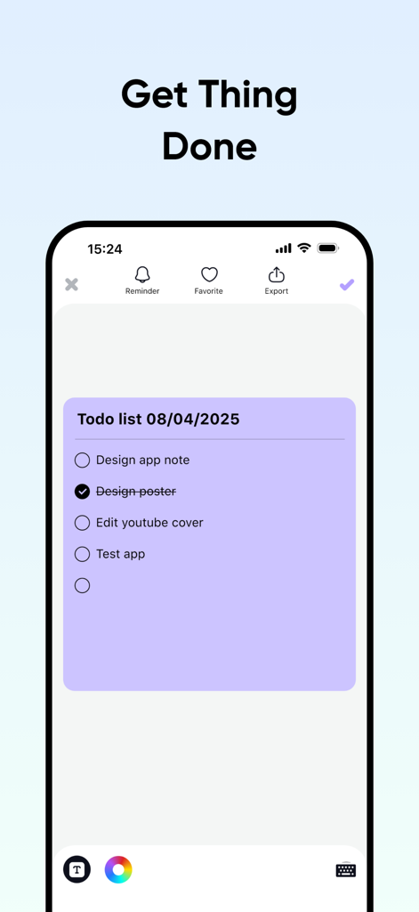 Color Note – Think Clearly - Una nota adhesiva digital morada que muestra una lista de verificación de tareas en un iPhone con el encabezado "Hacer las cosas"