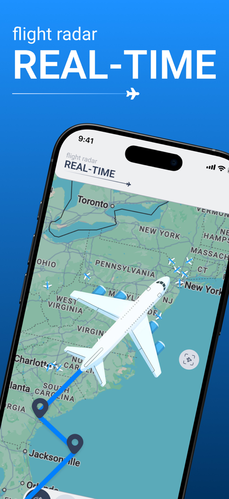 Interface of the Real-Time Flight Radar app on an iPhone showing a live tracking map with airplane icons and flight paths over North America