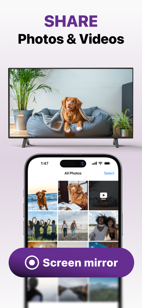 Teilen von Fotos und Videos von einem iPhone auf einen Fernseher mit der Screen-Mirroring-Funktion der Roku Remote Control.