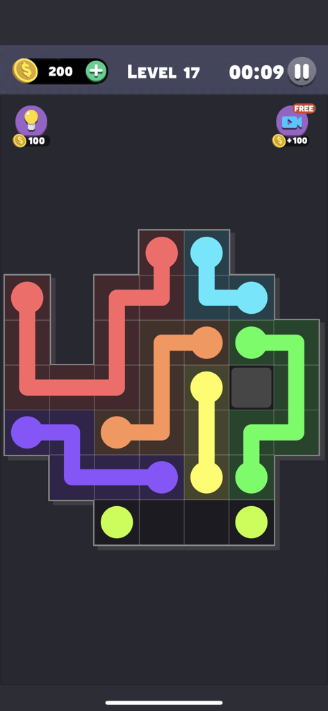 Same Color: Connect The Dots - A screenshot of Same Color Connect The Dots gameplay showing colored paths on a puzzle grid.