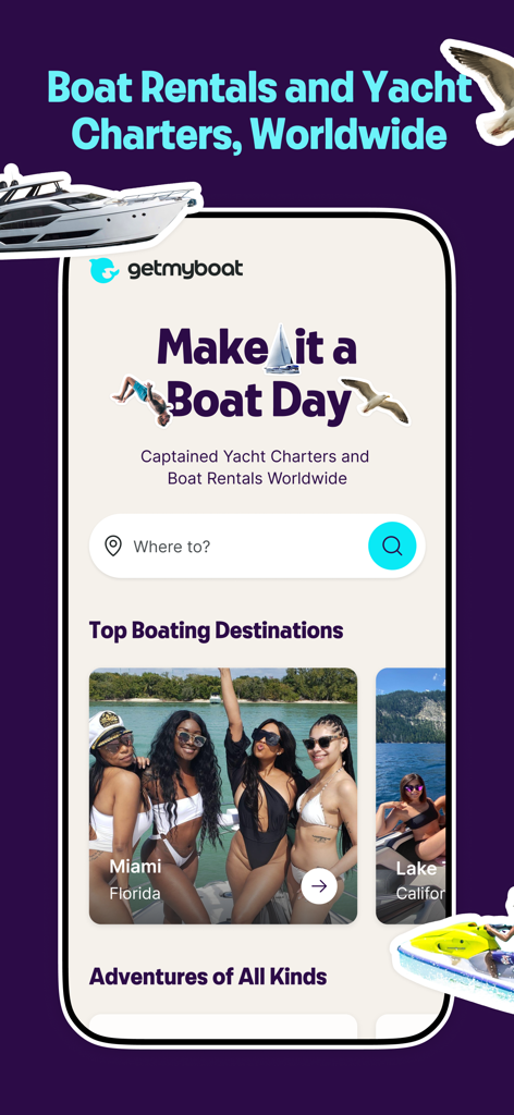 Getmyboat - Oberfläche der Getmyboat-App mit Yachtcharter- und Bootsverleihangeboten in Miami