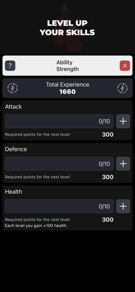Superstar: Real Boxing Manager - Interface of Superstar Real Boxing Manager showing options to upgrade attack defense and health skills