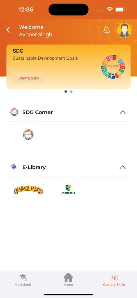 SchoolMitra - SchoolMitra app home screen showing SDG goals and E-Library resources