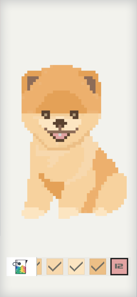 Pixel Land: color by number - A cute pixel art puppy being colored in a digital color by number app interface