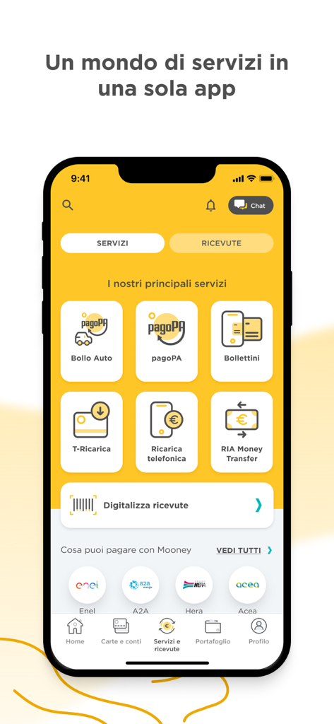 Panel de la app Mooney que muestra iconos para varios servicios como impuestos de vehículos, pagoPA y recargas de teléfono