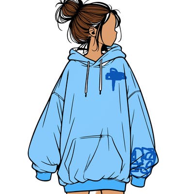realistic girl with a oversized sweatshirt on and a bun