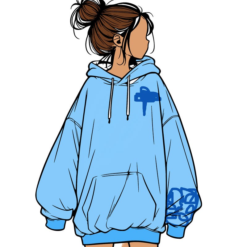 realistic girl with a oversized sweatshirt on and a bun