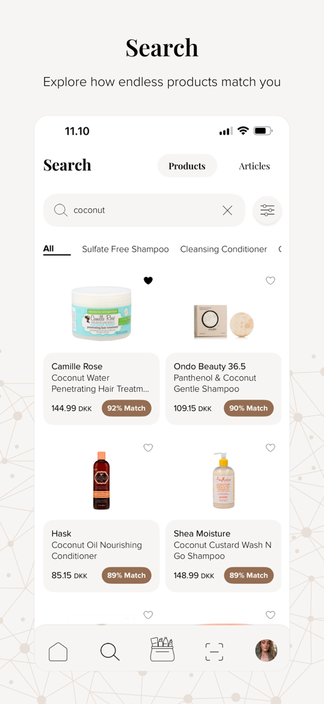 Compar - AI Hair Care Advisor - Search interface of the Compar app displaying personalized hair care product matches and AI compatibility percentages