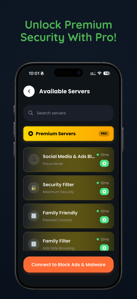 DNS Cloak: Secure VPN & Proxy - DNS Cloak app screen showing premium server list with security and family filters