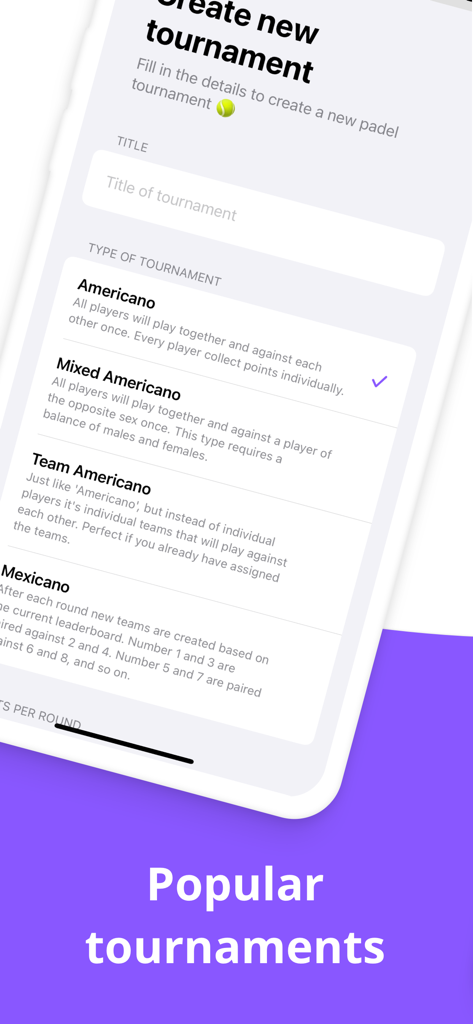 Écran de création de tournoi de Padel montrant les options de format Americano et Mexicano.