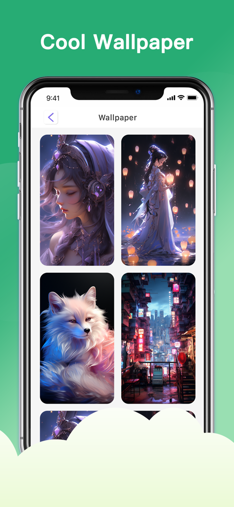 JoyBooster Golden - VPN Proxy - Pantalla de iPhone que muestra una galería de fondos de pantalla artísticos que incluyen personajes de fantasía y un zorro blanco dentro de la app JoyBooster Golden.