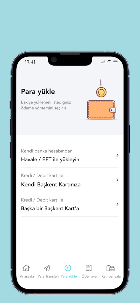 Écran de l'application Başkent Kart affichant diverses options pour ajouter des fonds, y compris le virement bancaire et la recharge de carte
