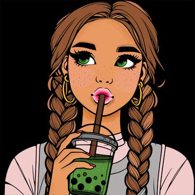 realistic girl with braided hair drinking boba
