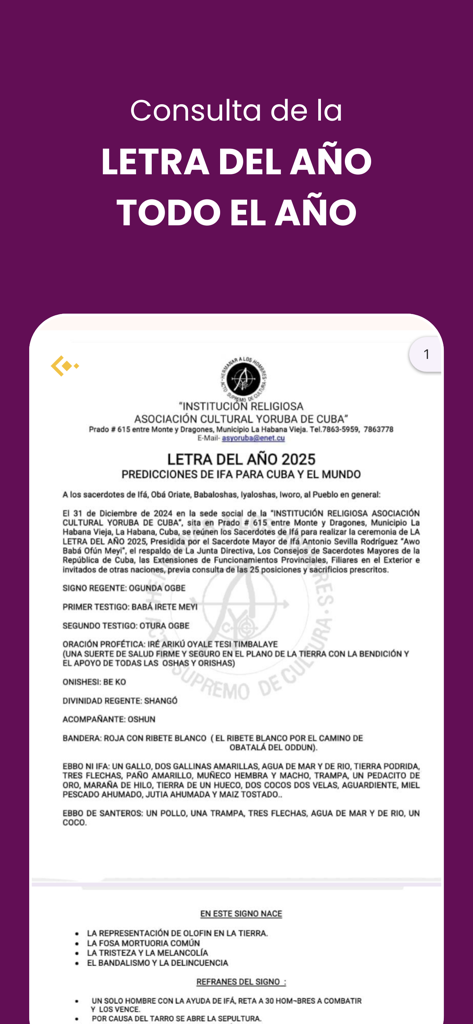 Yoruba App – Cultura Ifá - Pantalla de aplicación móvil mostrando las predicciones de la Letra del Año Ifá 2025 para Cuba y el mundo.