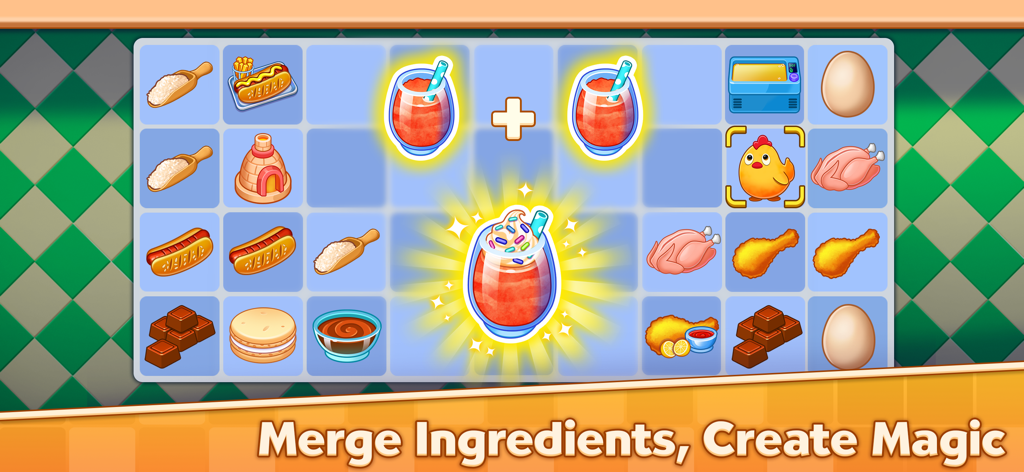 Magic Kitchen : Merge Game - Gameplay screen of Magic Kitchen Merge Game showing two drinks combining into a fancy dessert on a grid of food items.