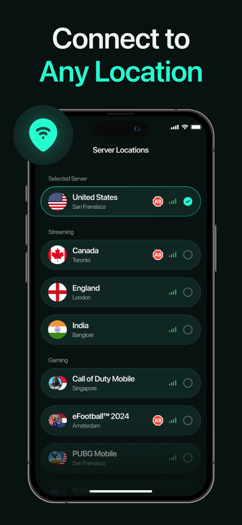 VPN : Super Unlimited Proxy - Interface of VPN Super Unlimited Proxy showing different server locations for streaming and gaming