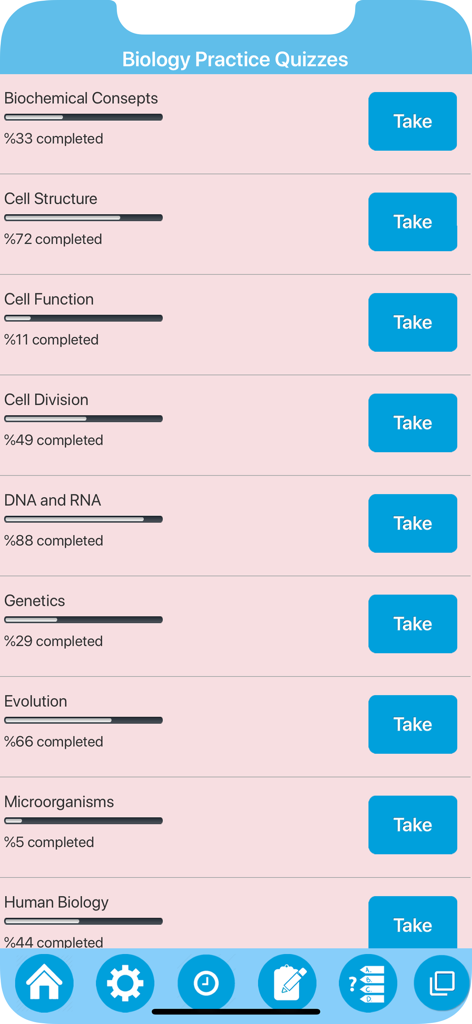 A list of biology practice quiz topics in the Science Learn Biology app showing progress bars for each subject