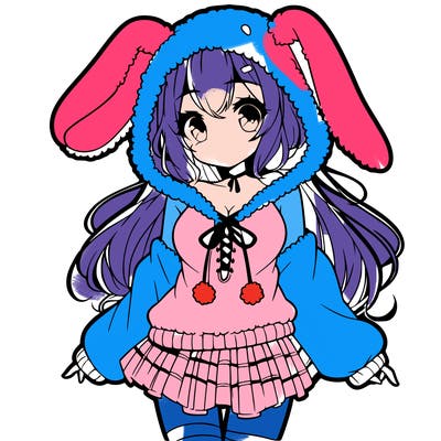 pretty anime girl wearing a fluffy hoodie with bunny ears on the hood and a skirt