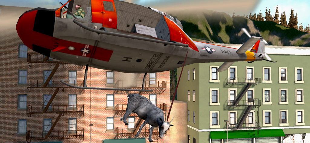 Goat Simulator - Una cabra lame y se cuelga de un helicóptero de rescate en vuelo sobre edificios de la ciudad en un juego sandbox basado en física