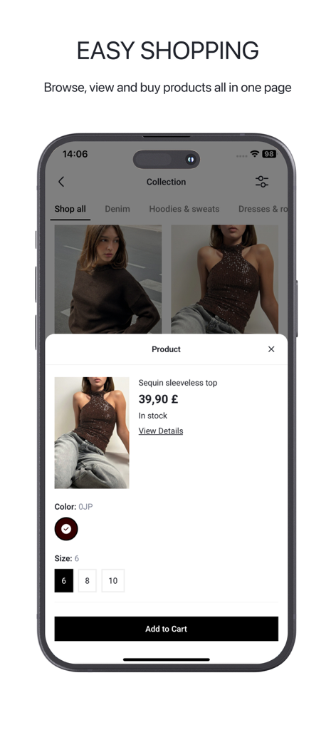 Subdued mobile app interface showing easy shopping features and product details for a sequin top