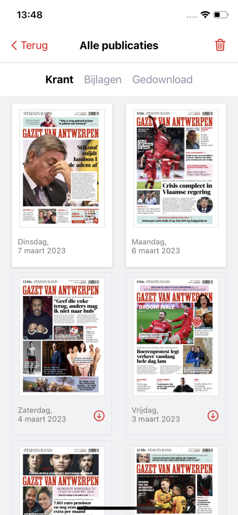 Gazet van Antwerpen - A library view of past newspaper editions in the Gazet van Antwerpen mobile app.
