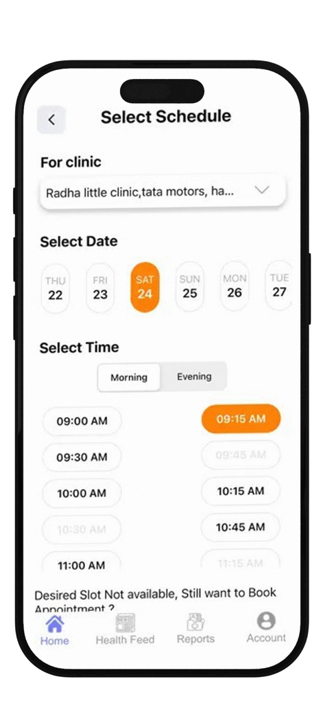 クリニックの選択と利用可能な時間枠を表示する、医師が患者の予約を管理およびスケジュールするためのモバイルアプリインターフェース。