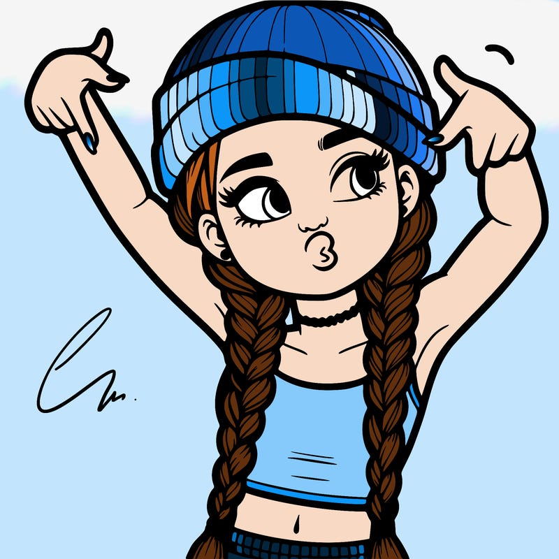 realistic teenage girl with braids and a beanie and crop top doing 🫶🏼