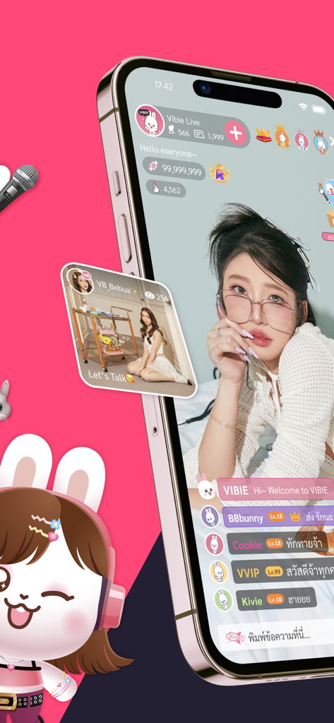 Mobile phone screen displaying a live video stream and chat on the Vibie social app