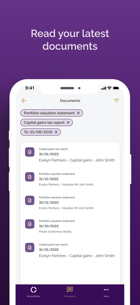 Evelyn Partners Mobile - Documents section in the Evelyn Partners Mobile app showing portfolio valuation and capital gains tax reports.