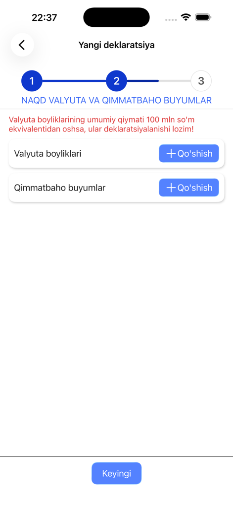 Yo'lovchi deklaratsiyasi - A screenshot of the Uzbekistan Passenger Customs Declaration app showing the form to declare cash currency and valuable items during the second step of the process.