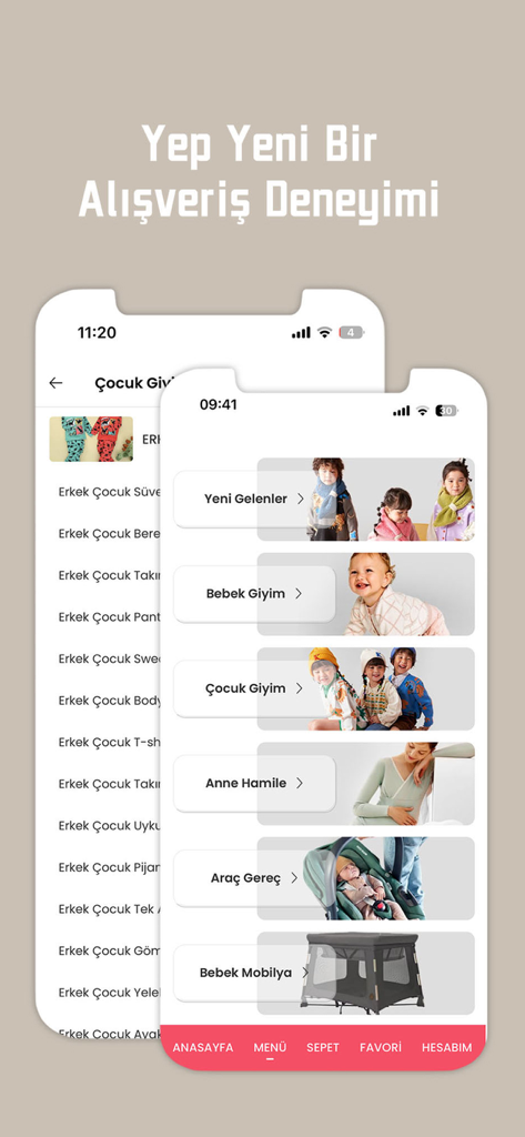 Minicity - Interface de l'application Minicity montrant les catégories de produits pour bébés et enfants