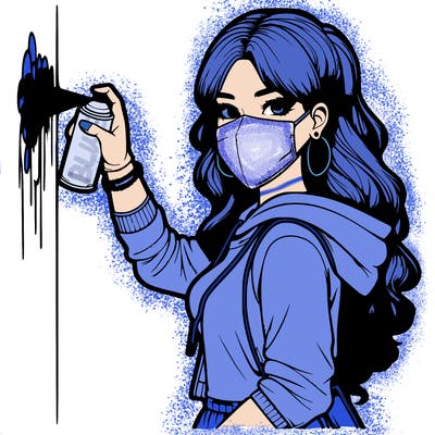 realistic girl with mask spray painting a wall