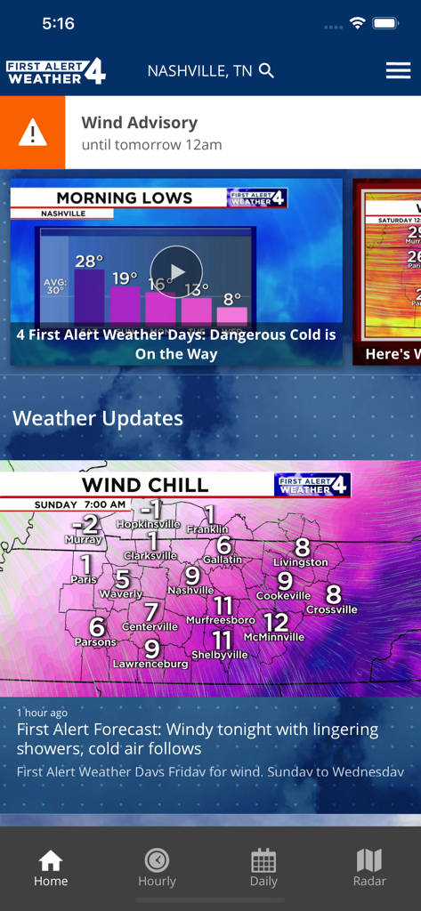 WSMV 4 FIRST ALERT Weather - WSMV 4 First Alert Weather app interface showing wind advisory and wind chill map for Middle Tennessee.