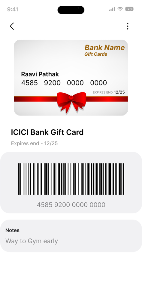 Credit Card : Wallet & NFC - Una pantalla de aplicación móvil que muestra una tarjeta de regalo ICICI Bank almacenada con un código de barras