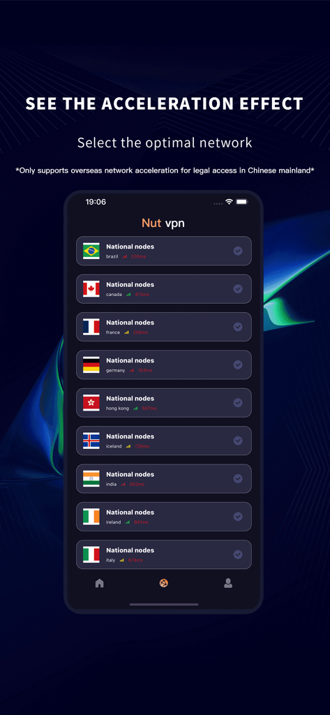 Nut VPN Speed Network VPN - Nut VPN mobile app interface showing a list of global server nodes for network acceleration including Brazil Canada and Hong Kong