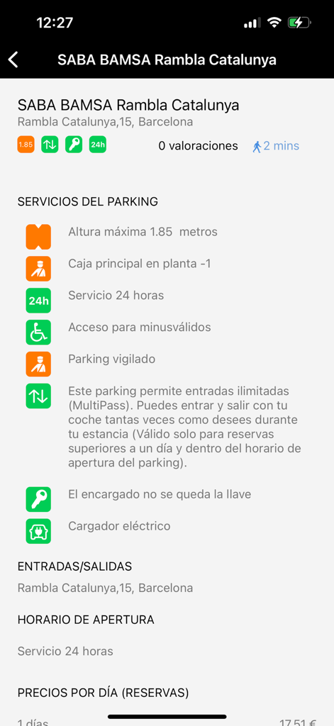 Detailed view of parking services in Barcelona within the Parkimeter app