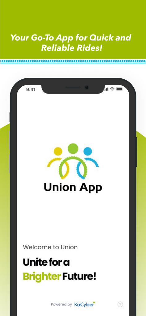 Union: Request a Ride - Pantalla de bienvenida de la aplicación Union para solicitar viajes, que muestra el logo y el lema Unite por un Futuro Más Brillante