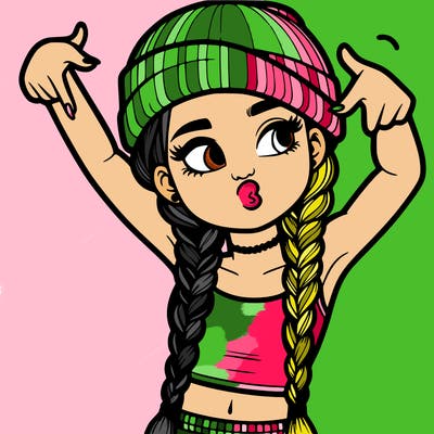 realistic teenage girl with braids and a beanie and crop top doing 🫶🏼