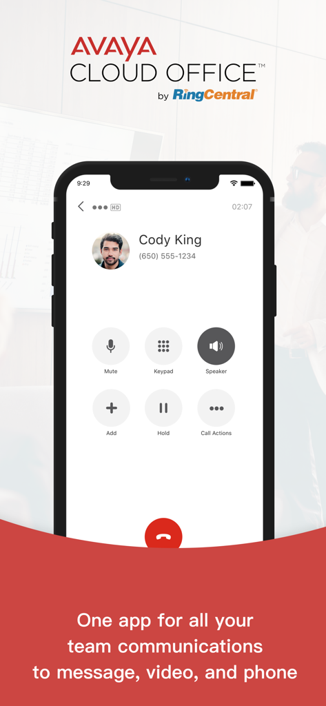 Avaya Cloud Office - Avaya Cloud Office mobile app showing an active phone call screen with professional contact details