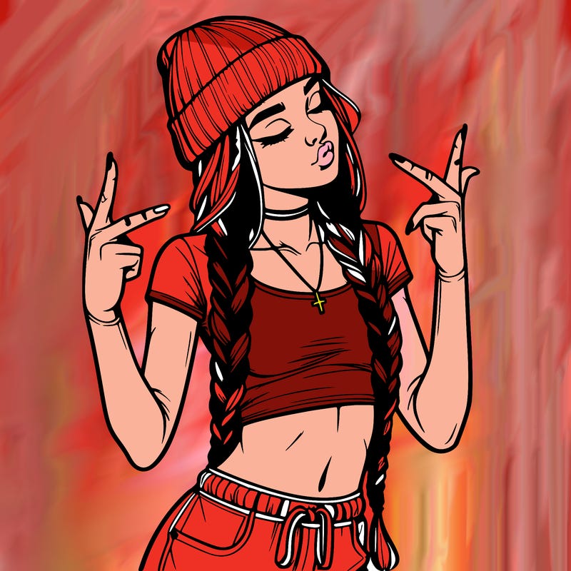 realistic teenage girl with braids and a beanie and crop top doing 🫶🏼