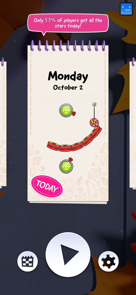 Cut the Rope Daily - Cut the Rope Daily mobile game screen showing a physics puzzle level for Monday October 2
