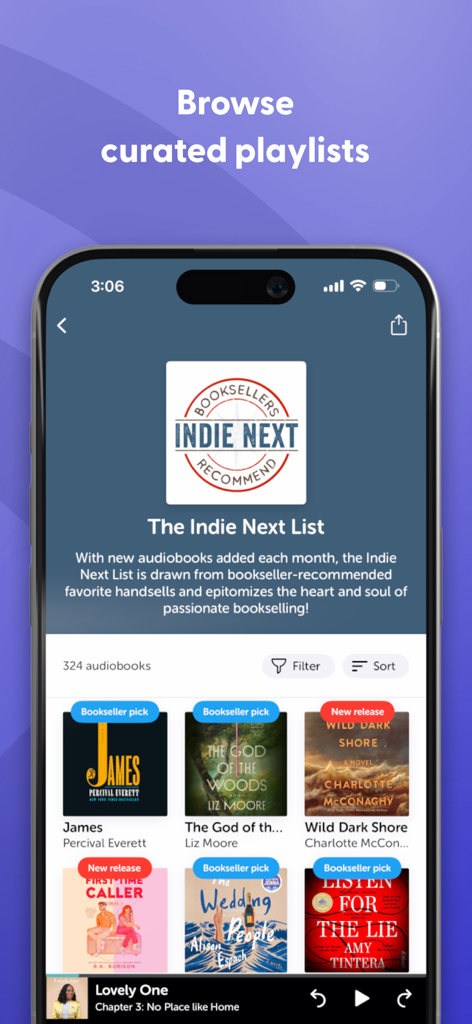 Libro.fm app interface showing curated audiobook playlists and bookseller recommendations.